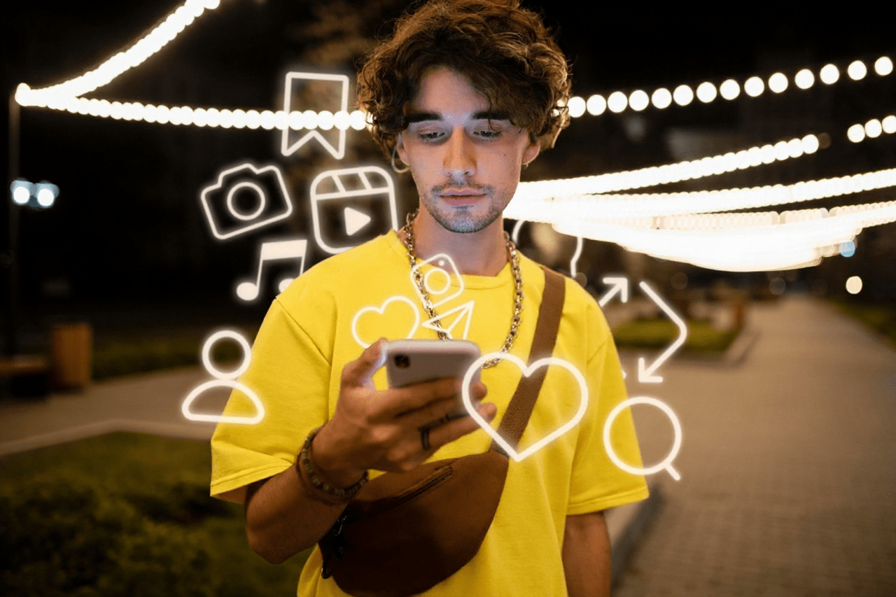 Młody mężczyzna ze smartfonem otoczony ikonami social media