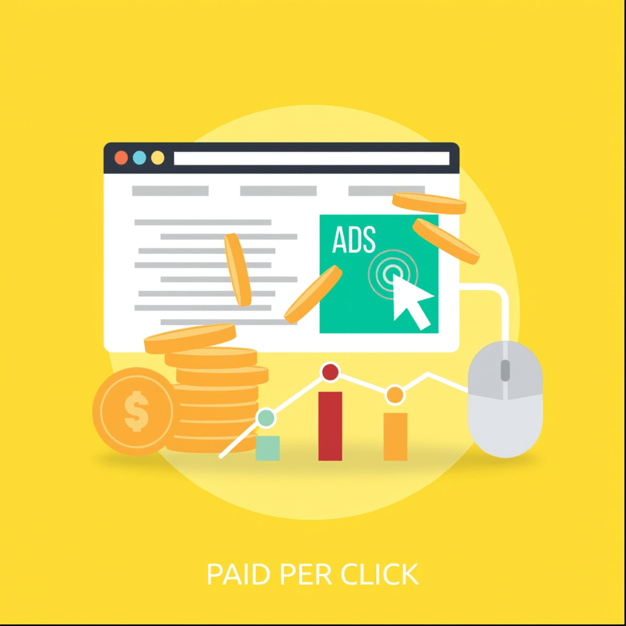 Grafika Paid Per Click – okno przeglądarki z reklamą, monetami i wykresem