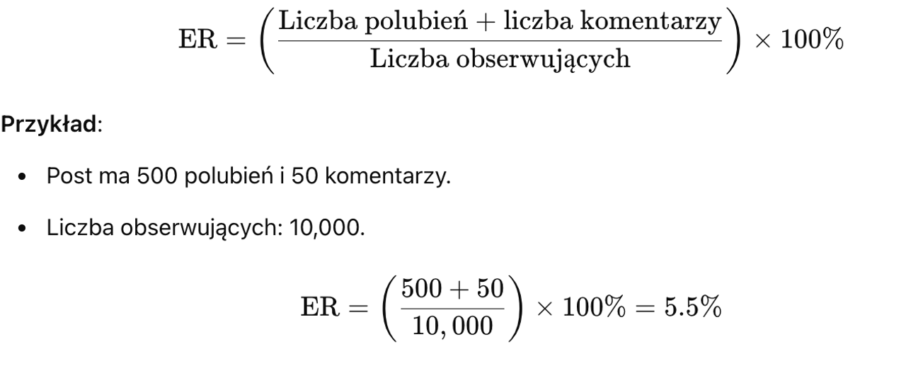 Wzór na Engagement Rate – polubienia plus komentarze dzielone przez obserwujących