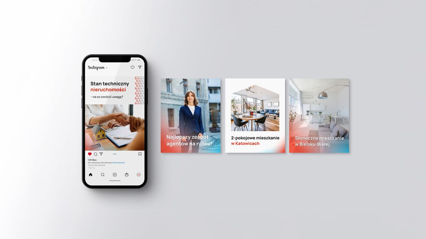 iPhone z profilem Instagram Handshake oraz trzy posty prezentujące oferty mieszkań
