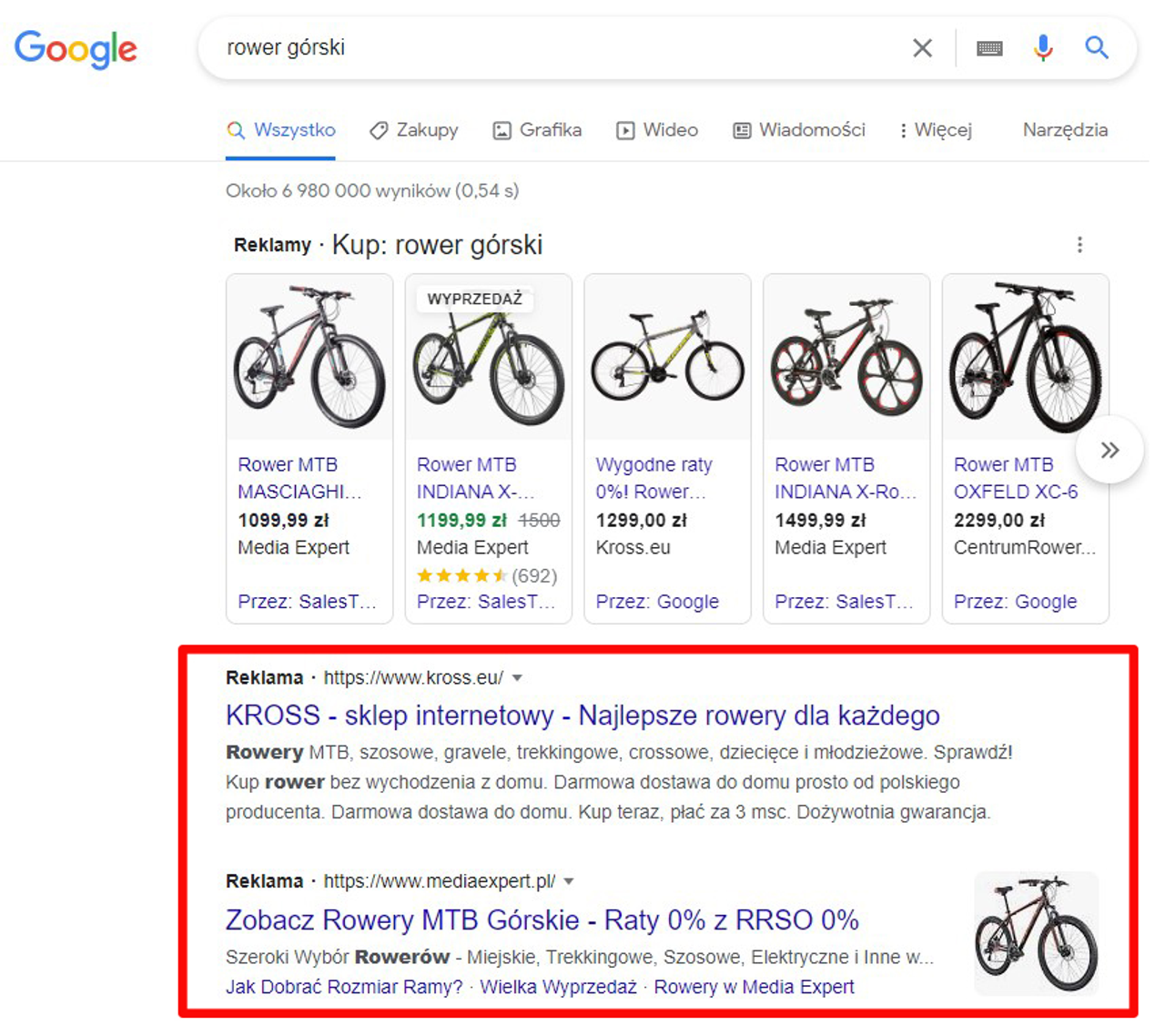 Wyniki wyszukiwania Google – reklamy rowerów górskich z produktami Shopping