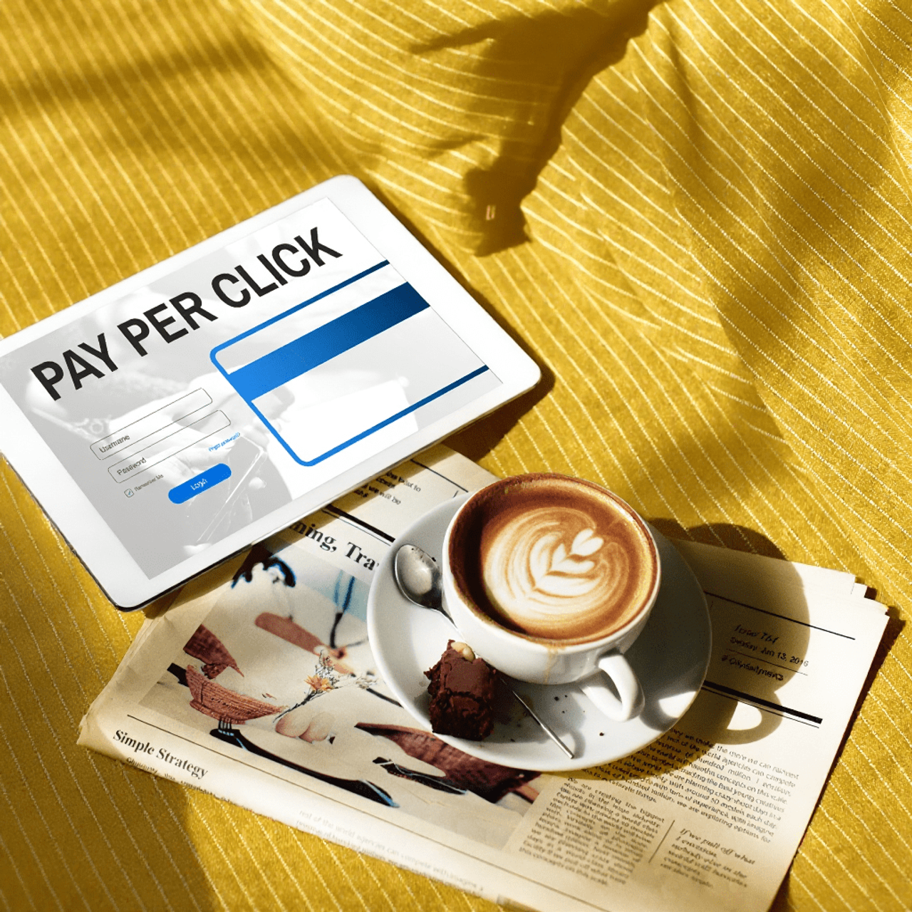 Tablet z panelem Pay Per Click obok filiżanki kawy