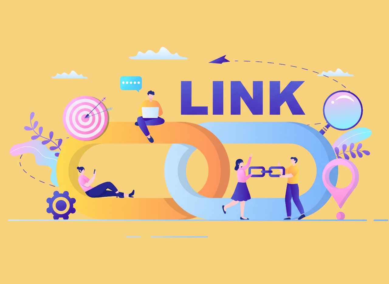 Kolorowa grafika link building – postacie łączące ogniwa łańcucha