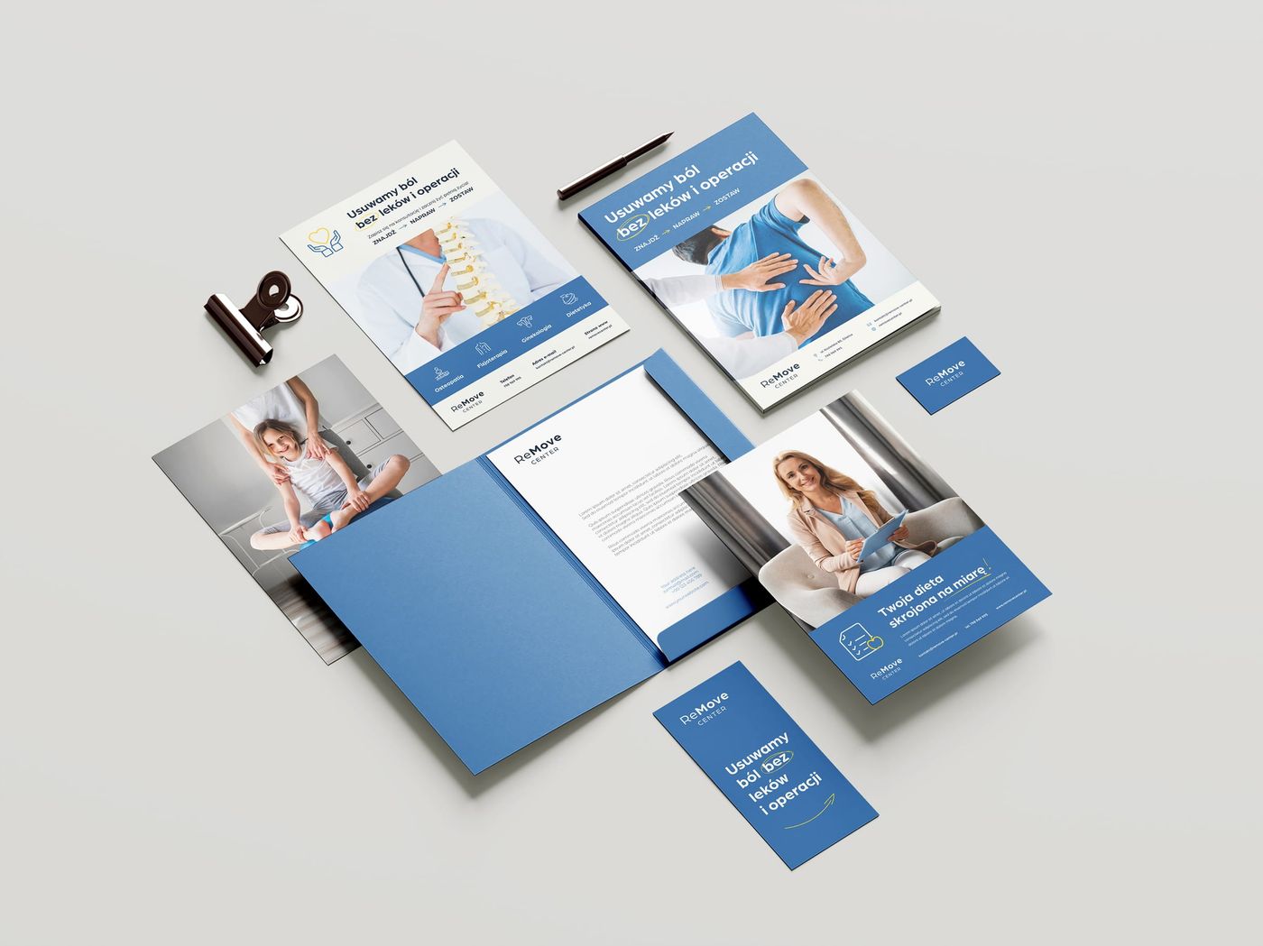 Pełen zestaw identyfikacji wizualnej ReMove Center — ulotki, papier firmowy, wizytówki, teczka
