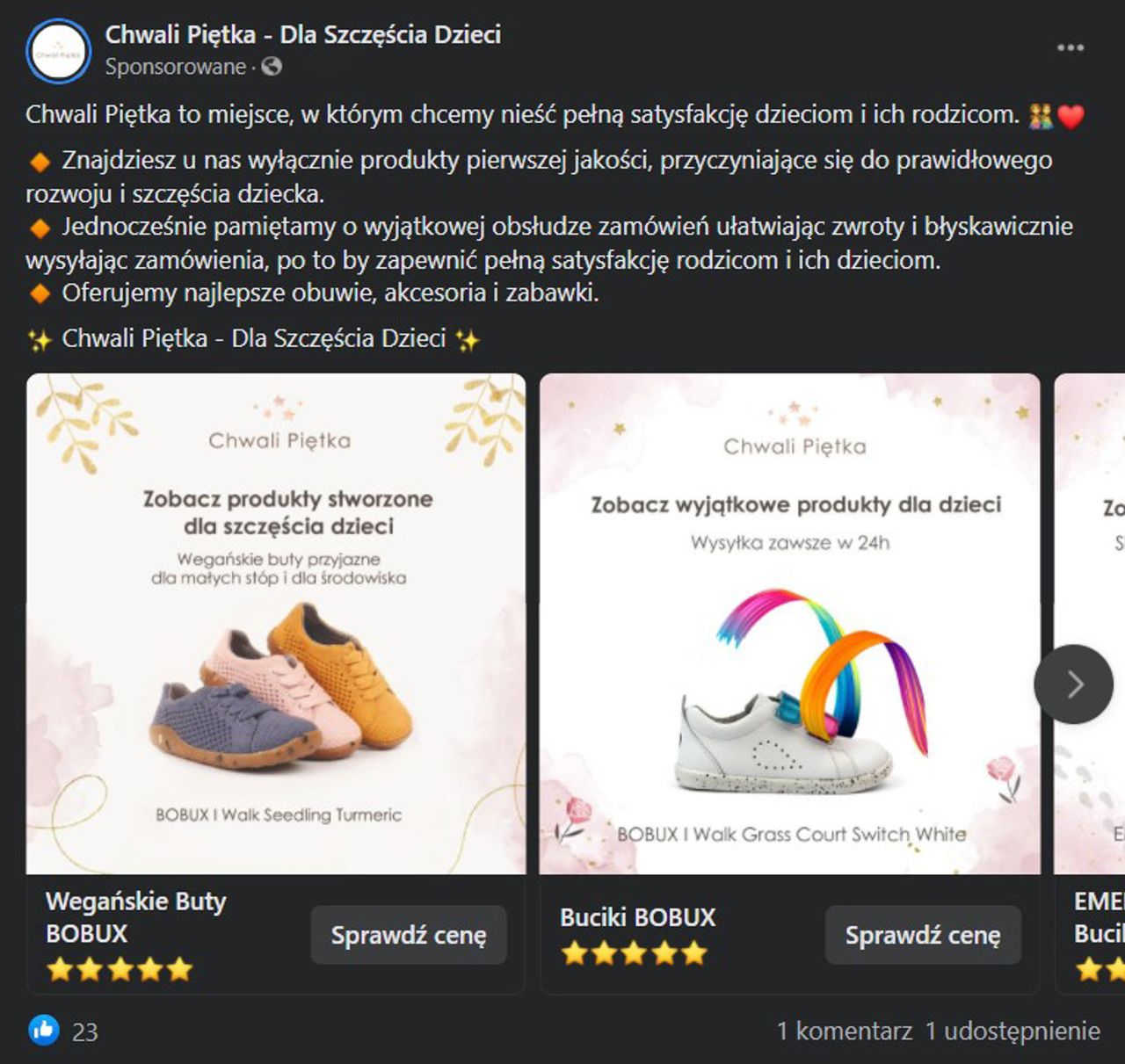 Przykładowa reklama karuzelowa na Facebook'u