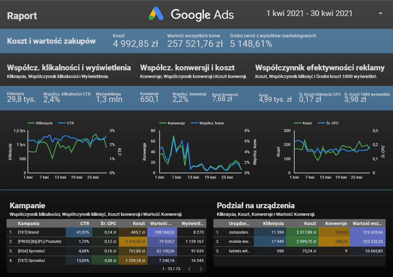 Przykładowy raport z Google Ads