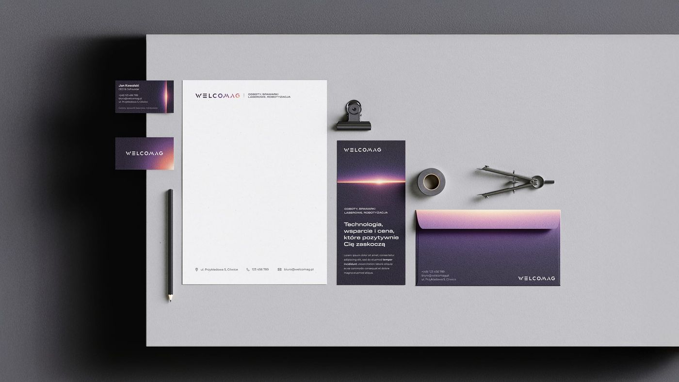 Papier firmowy, teczka, ulotka i koperta Welcomag — pełny zestaw identyfikacji