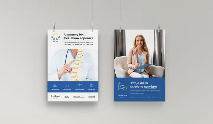 Dwa plakaty ReMove Center wiszące na ścianie — hasło główne i oferta dietetyczna