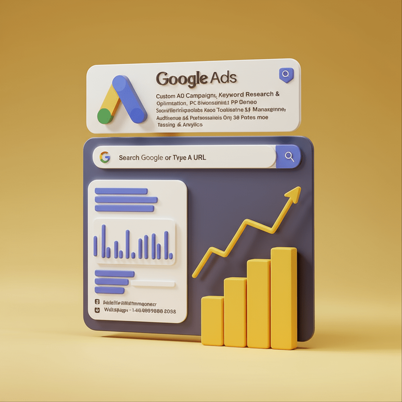Render 3D – panel Google Ads z wykresem wzrostu i wynikami wyszukiwania