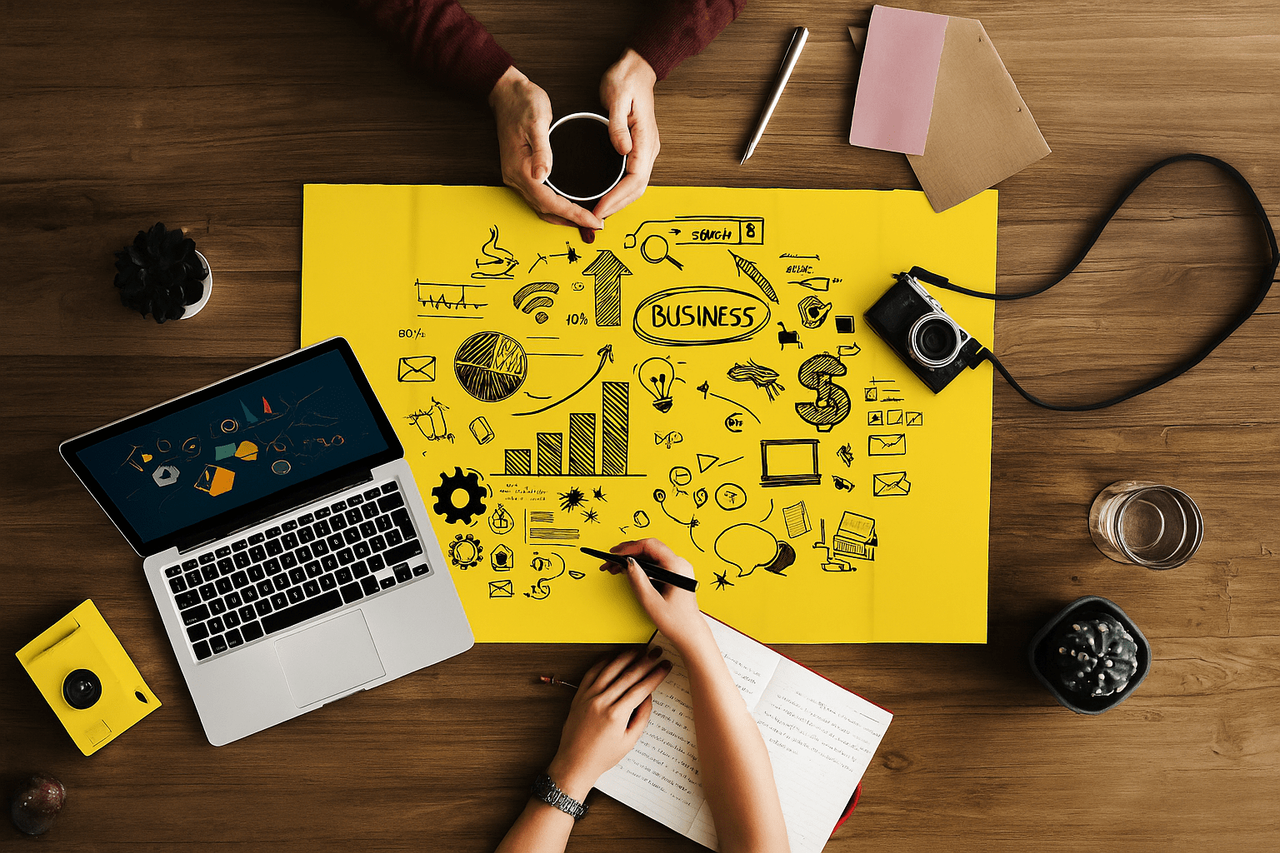 Żółta kartka Business z ikonami strategii i rysunkami obok laptopa – widok z góry