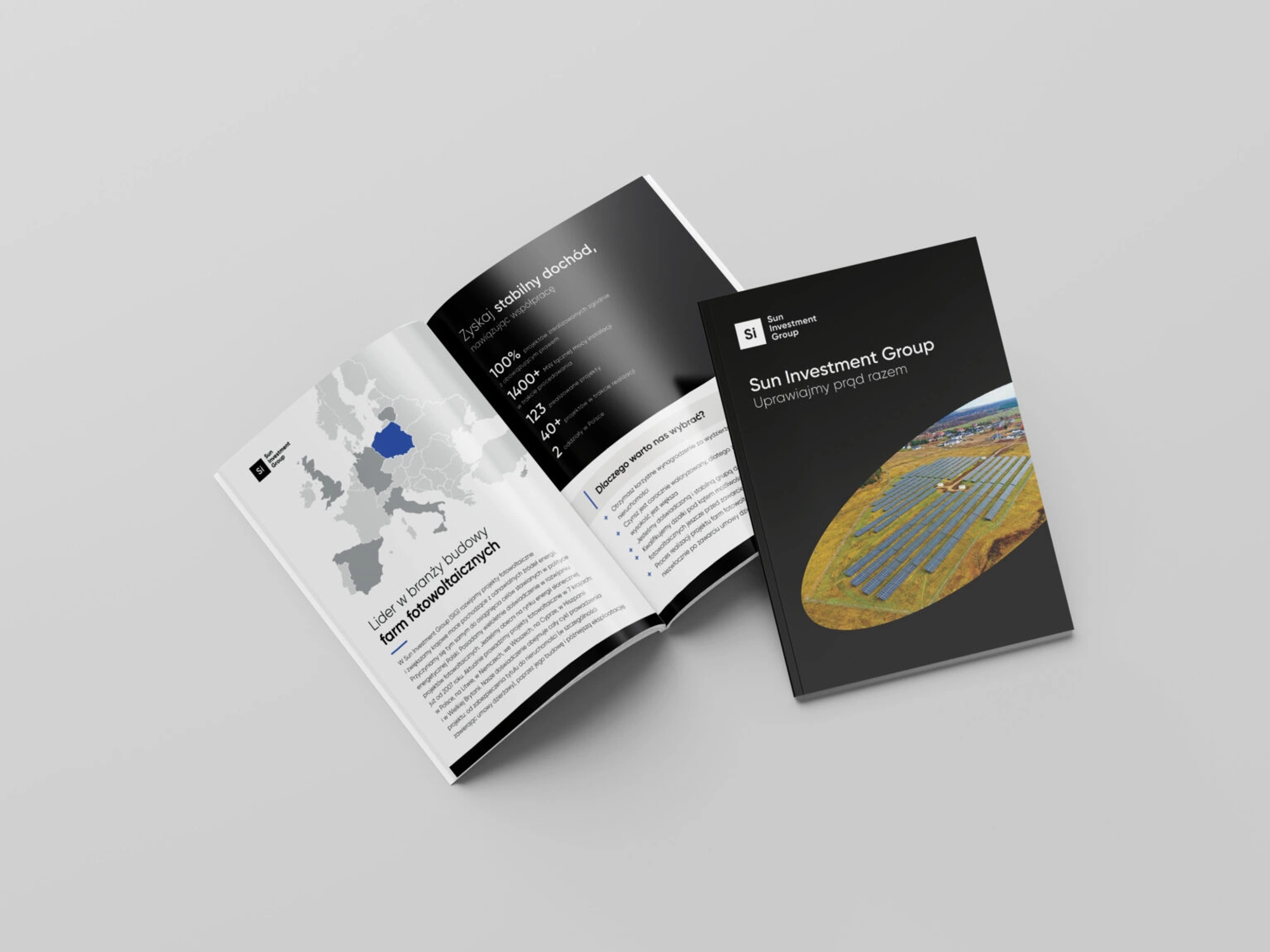 Rozłożony katalog Sun Investment Group z mapą Europy i statystykami obok okładki z farmą fotowoltaiczną