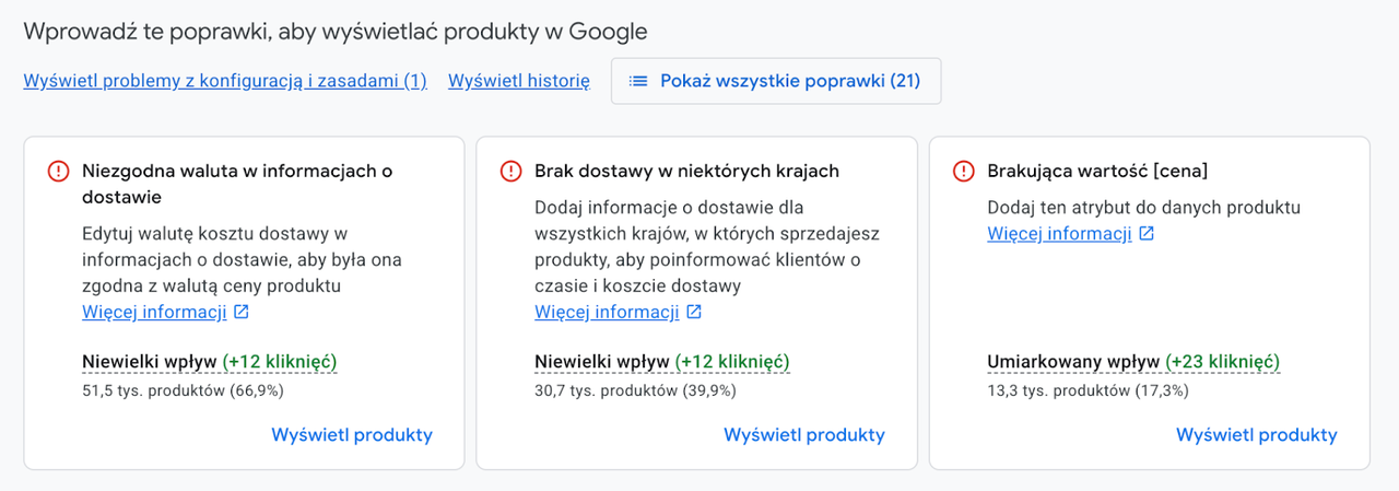 Google Merchant Center – poprawki produktów: waluta, dostawa, brakujące atrybuty