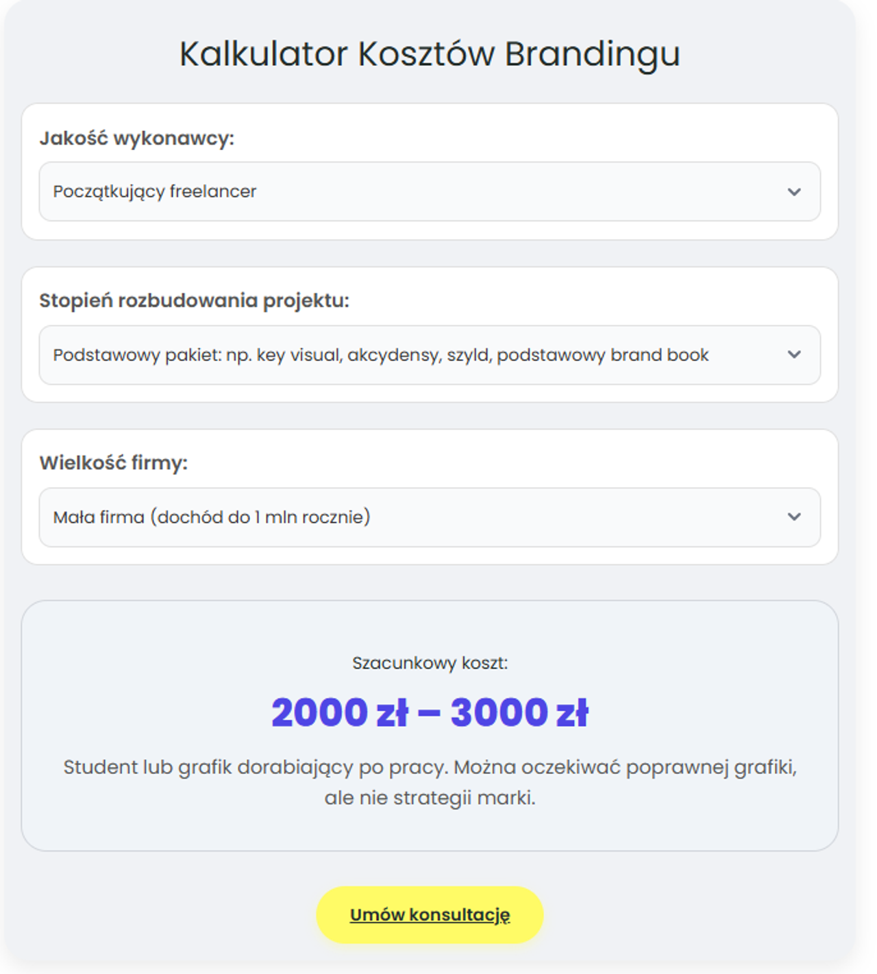Kalkulator kosztów brandingu – formularz z wyceną 2000–3000 zł