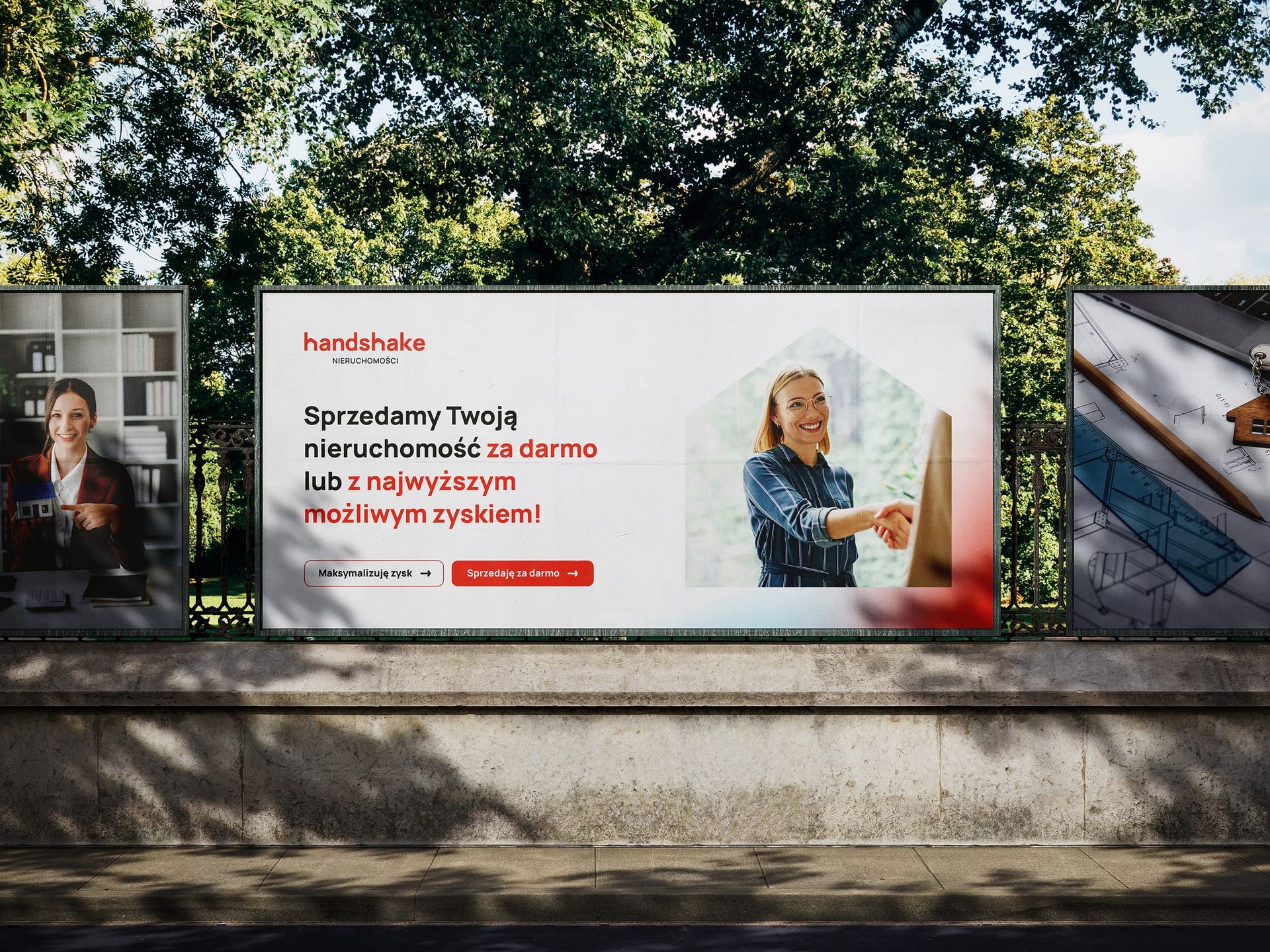 Bilbord Handshake z hasłem „Sprzedamy Twoją nieruchomość za darmo lub z najwyższym możliwym zyskiem!"