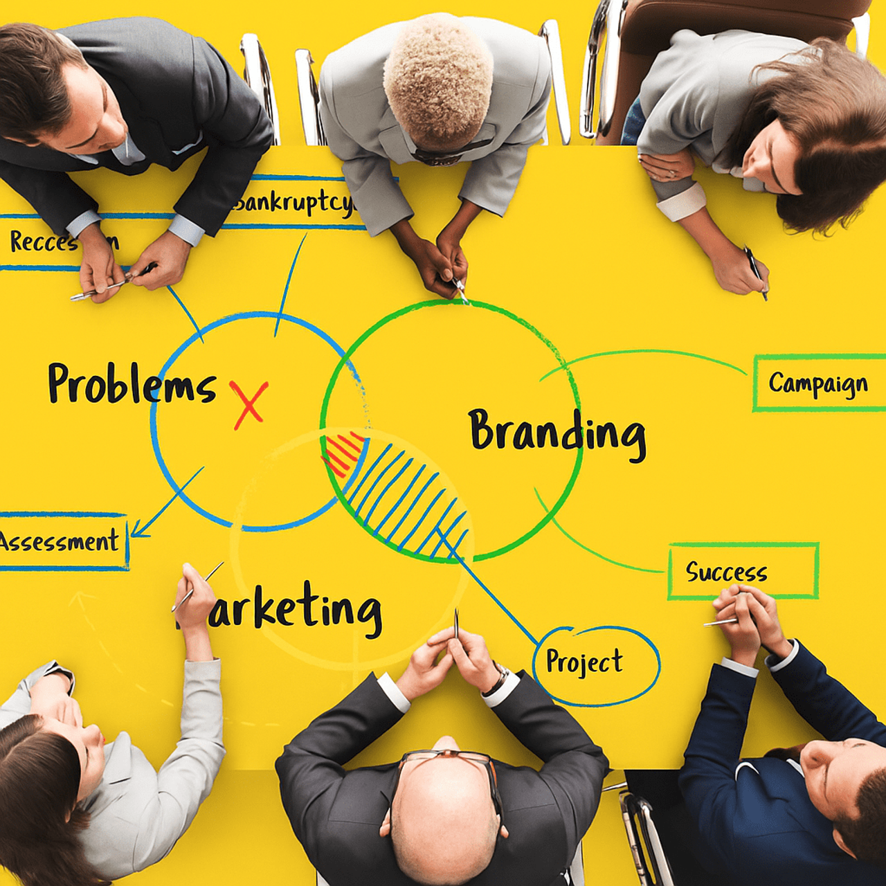 Zespół planujący strategię brandingową i marketingową przy żółtym stole – widok z góry