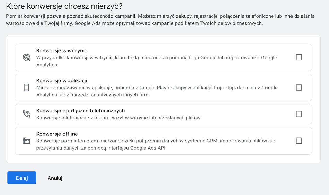 Panel Google Ads – wybór typu konwersji: witryna, aplikacja, połączenia, offline