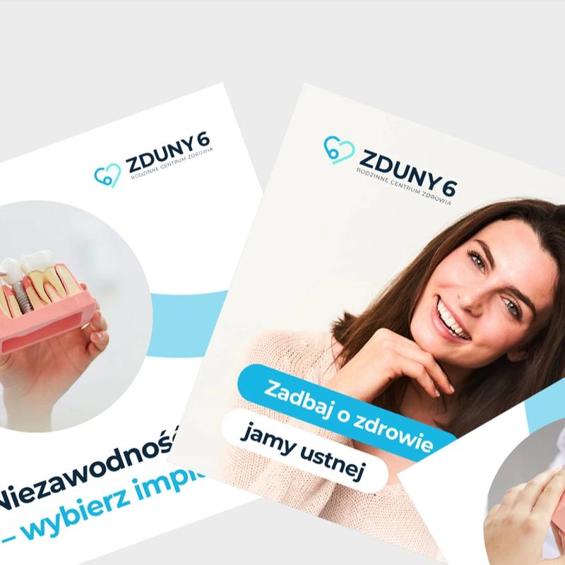 Kolaż podstron serwisu Zduny 6 — oferta medyczna, usługi i rekrutacja