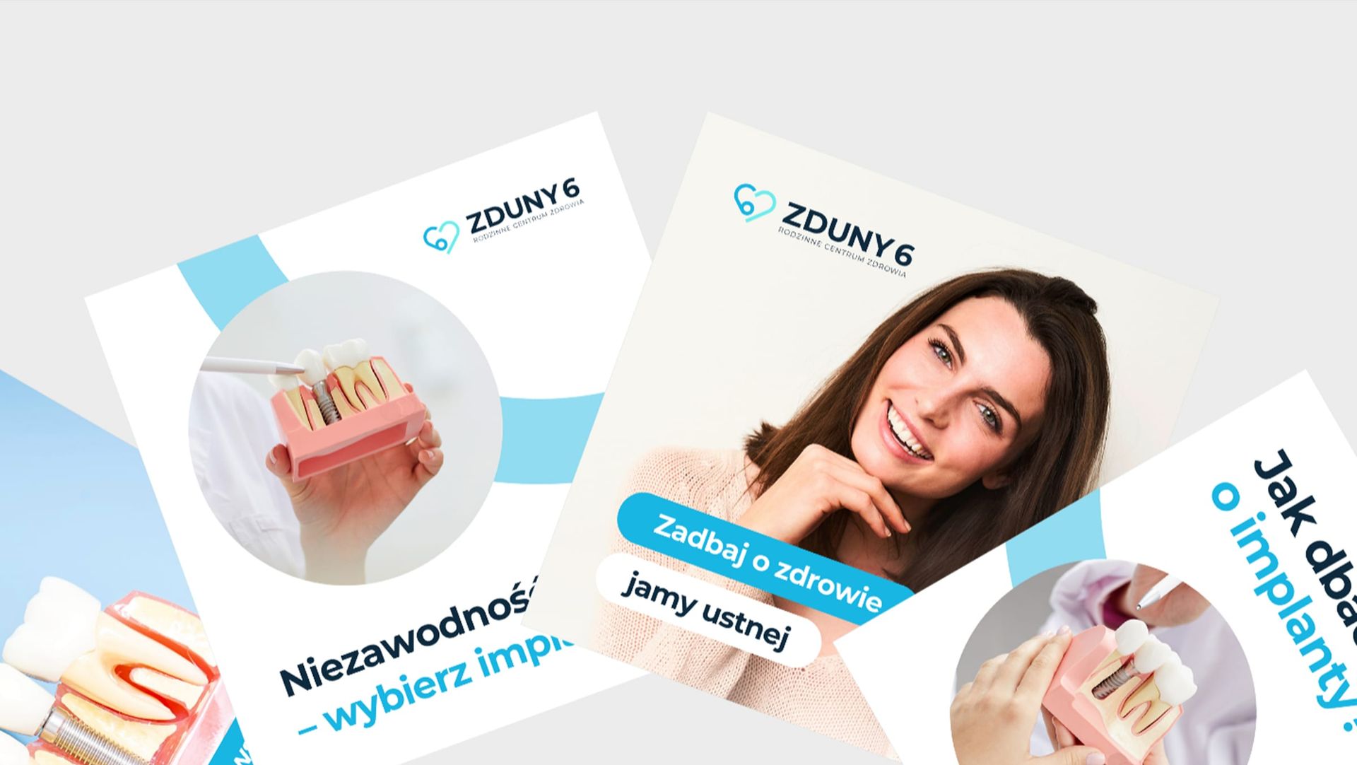 Kolaż podstron serwisu Zduny 6 — oferta medyczna, usługi i rekrutacja