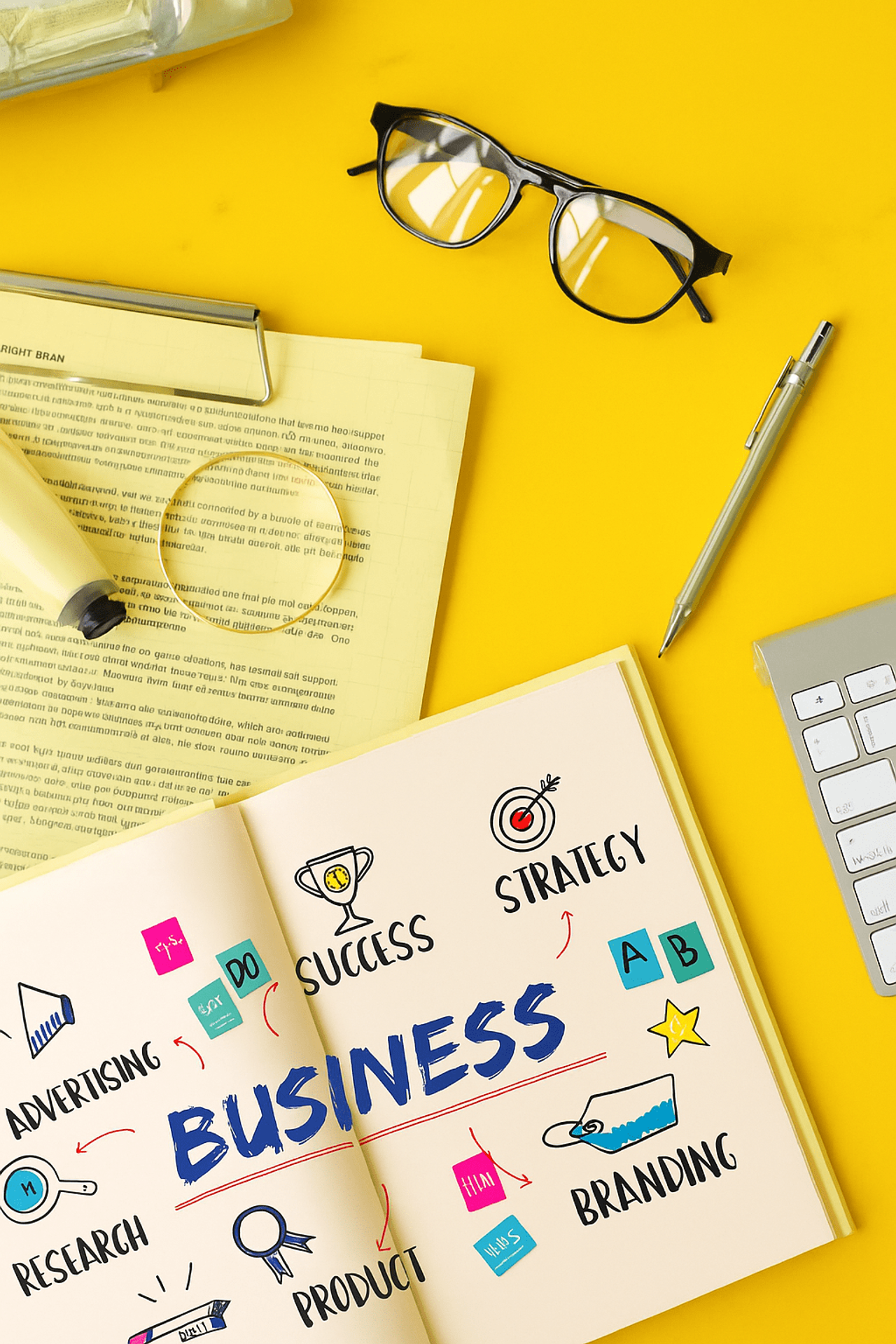 Notes z ikonami Business, Success, Strategy, Branding obok okularów i klawiatury