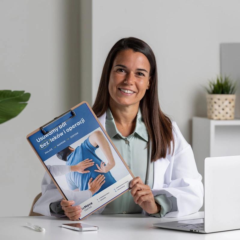 Lekarka ReMove Center prezentująca broszurę z hasłem „Usuwamy ból bez leków i operacji"