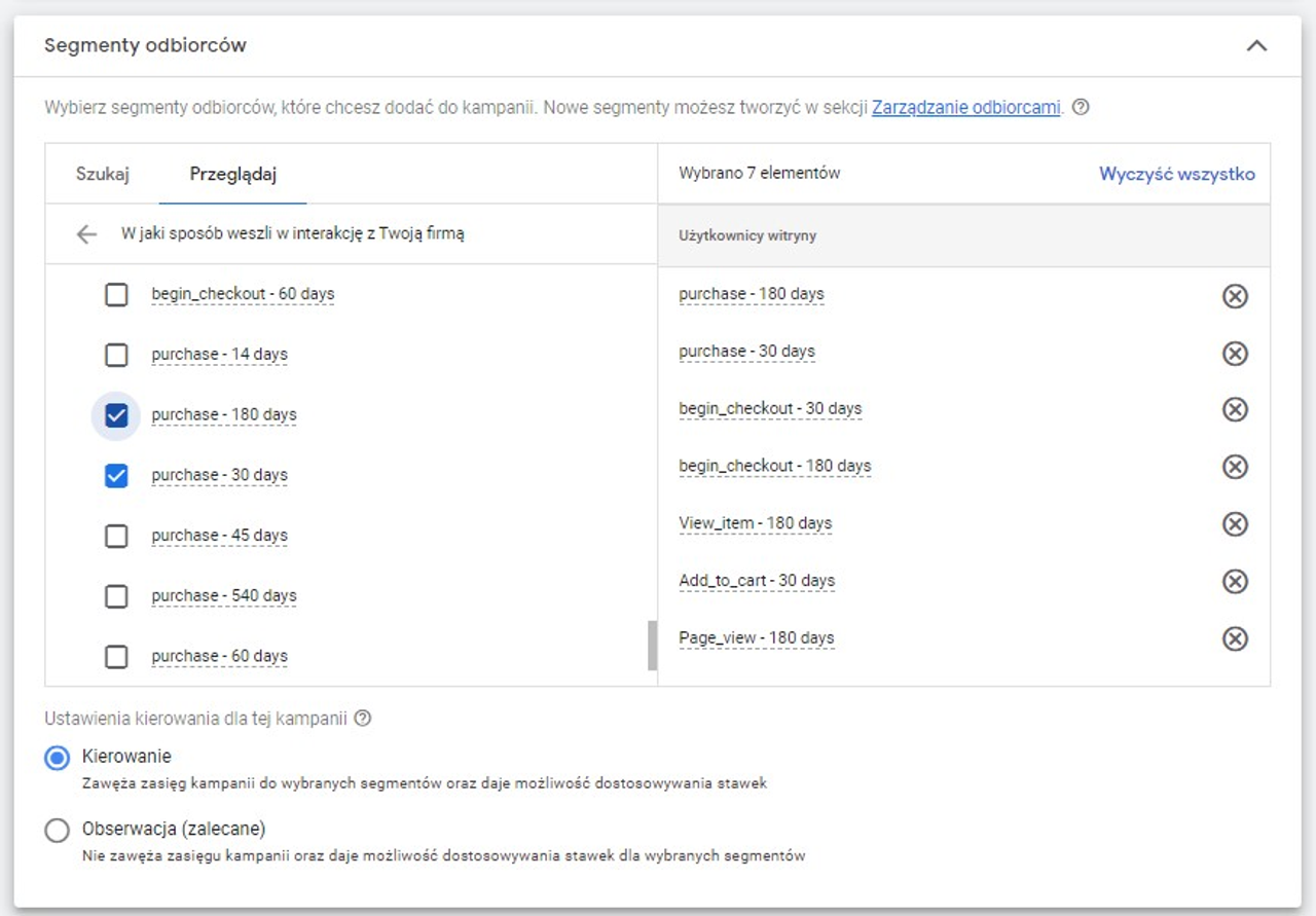Panel segmentów odbiorców Google Ads – listy remarketingowe purchase i checkout