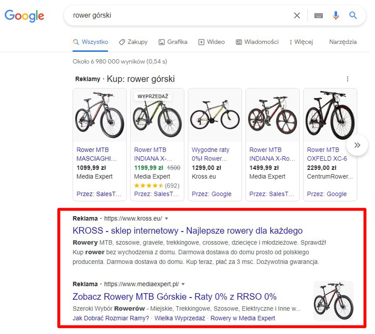 Reklama tekstowa w wynikach wyszukiwania Google