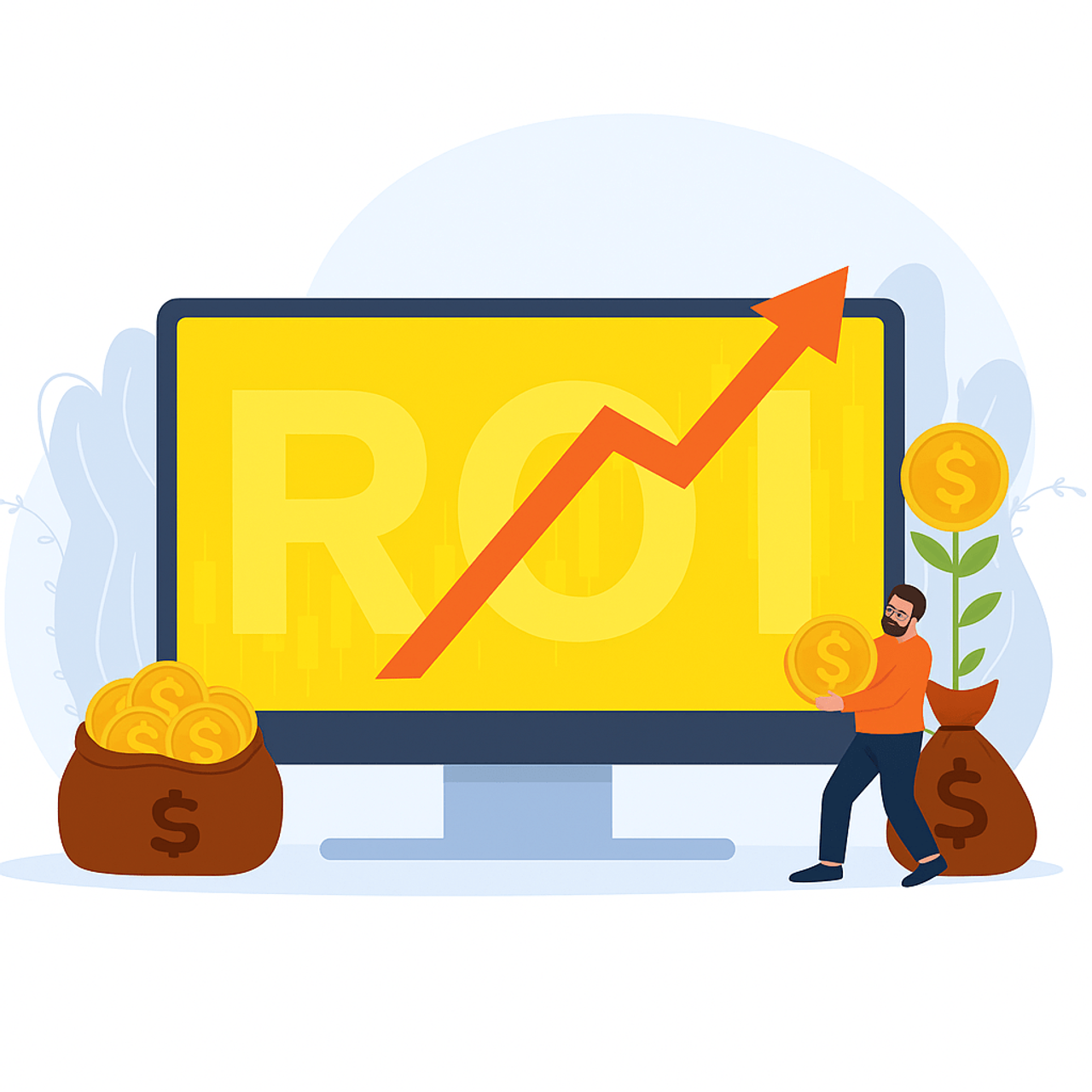 Grafika ROI – monitor z wykresem wzrostu, postać z monetami i workami pieniędzy