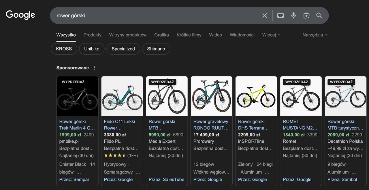 Wyniki Google Shopping – rowery górskie z cenami i zdjęciami produktów