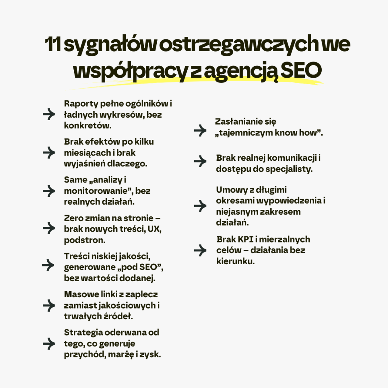 Infografika Follow Deer – 11 sygnałów ostrzegawczych we współpracy z agencją SEO