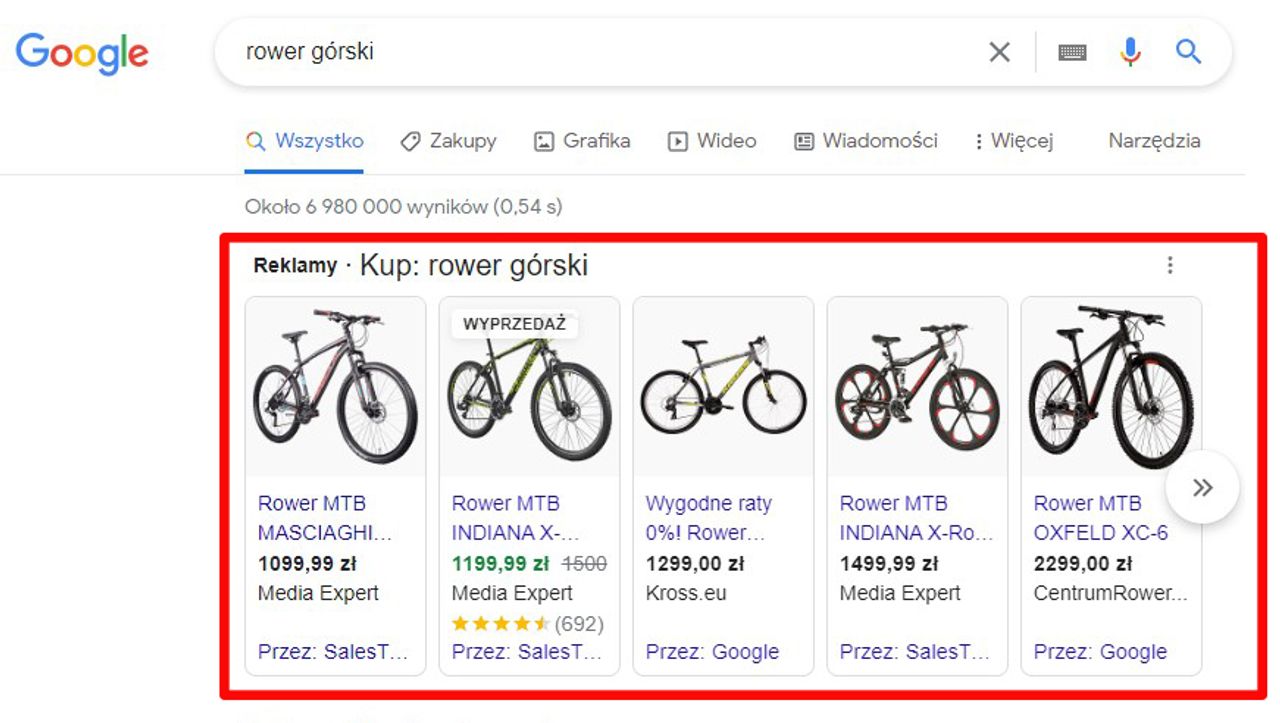 Reklama produktowa w wynikach wyszukiwania Google
