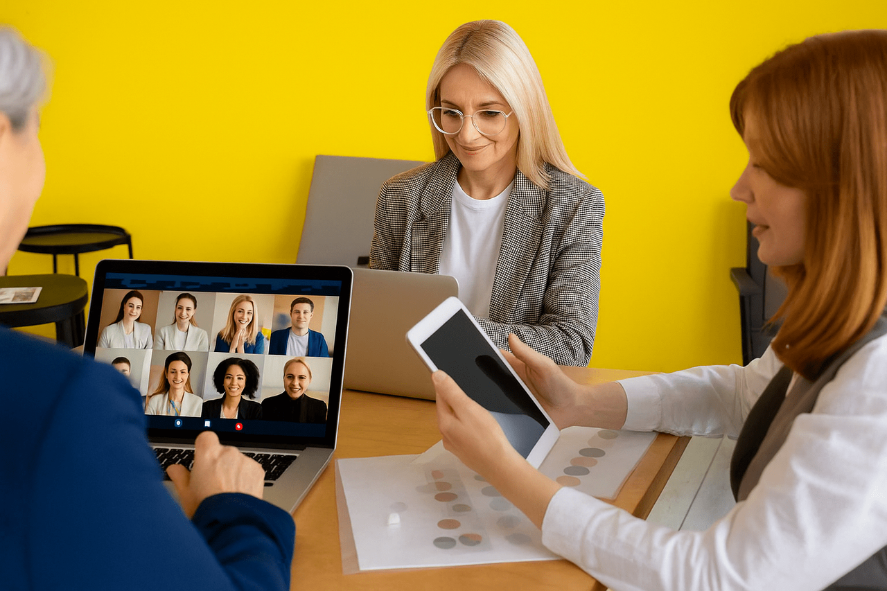 Trzy kobiety na spotkaniu biznesowym z laptopem i tabletem