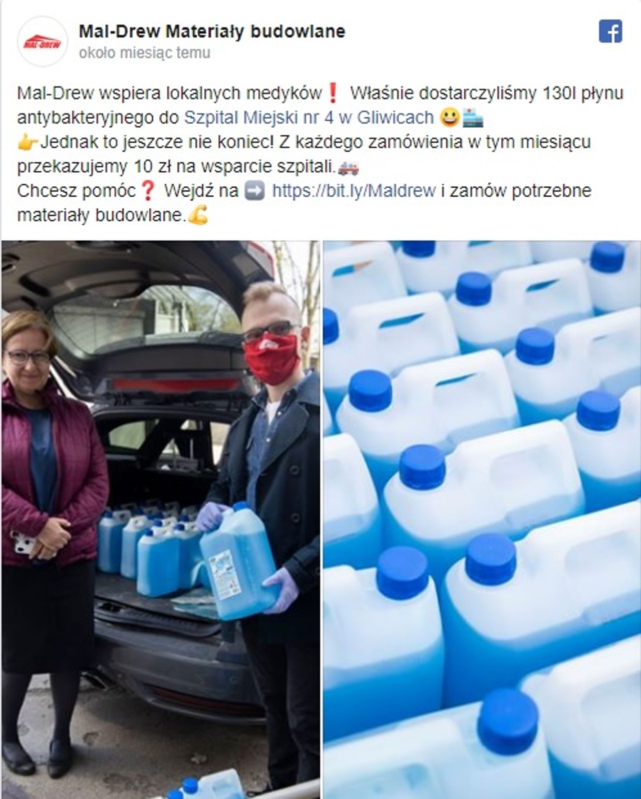 Post na Facebooku przedstawiający akcję charytatywną przeprowadzoną przez Mal-drew