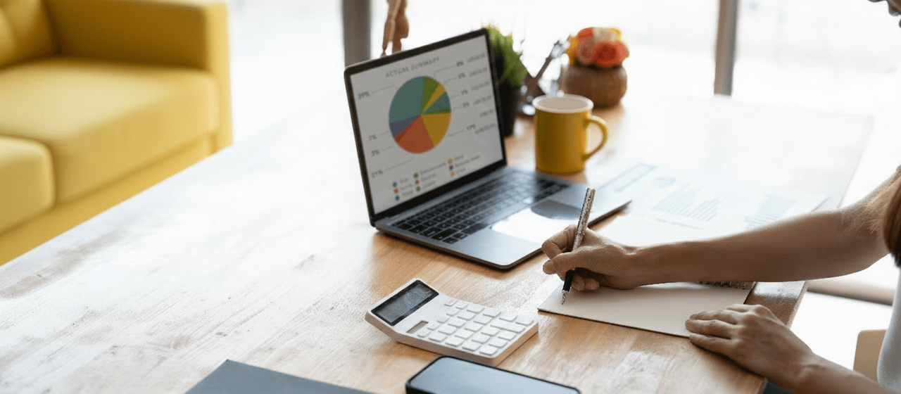 Laptop z wykresem kołowym, kalkulator i notatnik na biurku