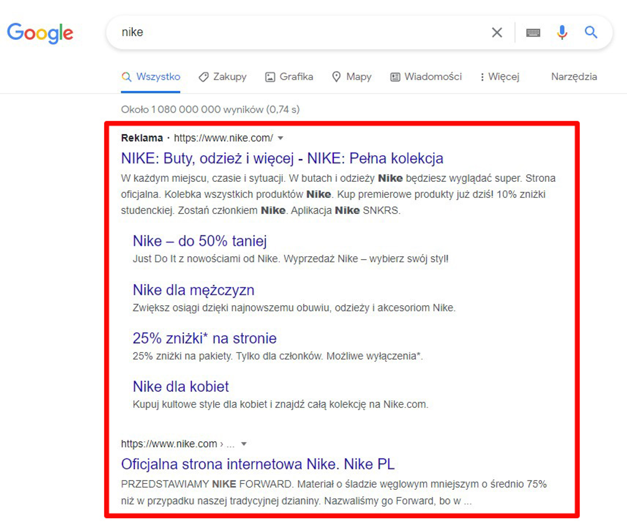 Reklama tekstowa Nike w wynikach Google z rozszerzeniami sitelinks