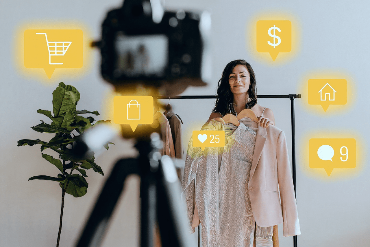 Influencerka prezentująca ubranie przed kamerą z ikonami zakupów i polubień