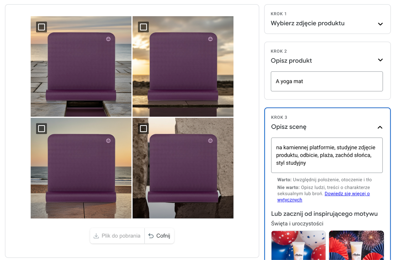 Kreator produktowy Google Ads – generowanie zdjęć maty do jogi z opisem sceny