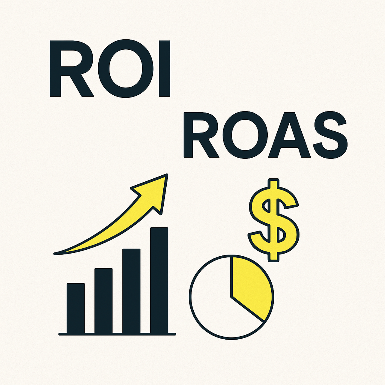 Grafika ROI i ROAS z wykresem słupkowym, strzałką wzrostu i znakiem dolara