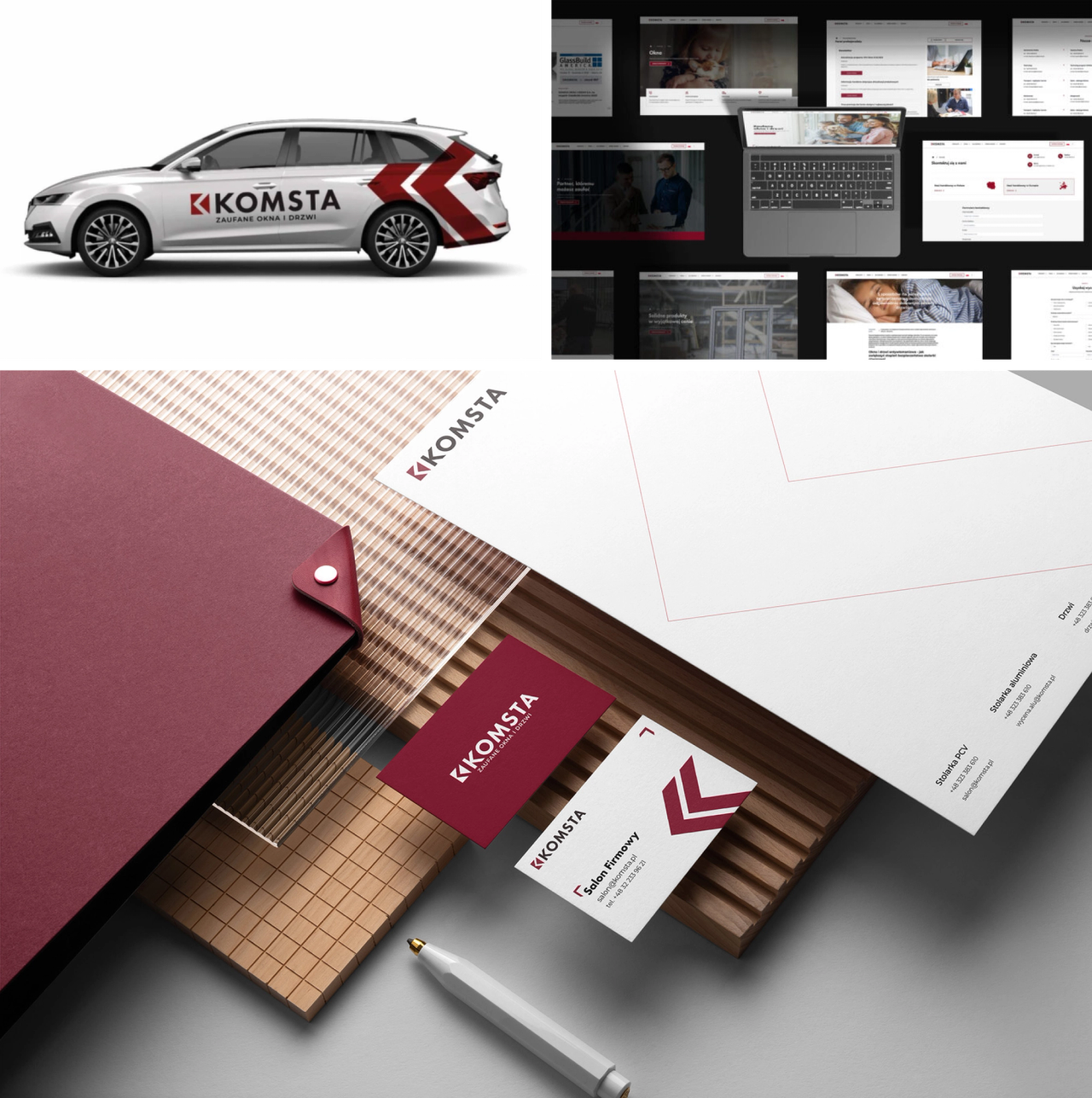 Mockup identyfikacji wizualnej marki Komsta – auto, wizytówki, materiały