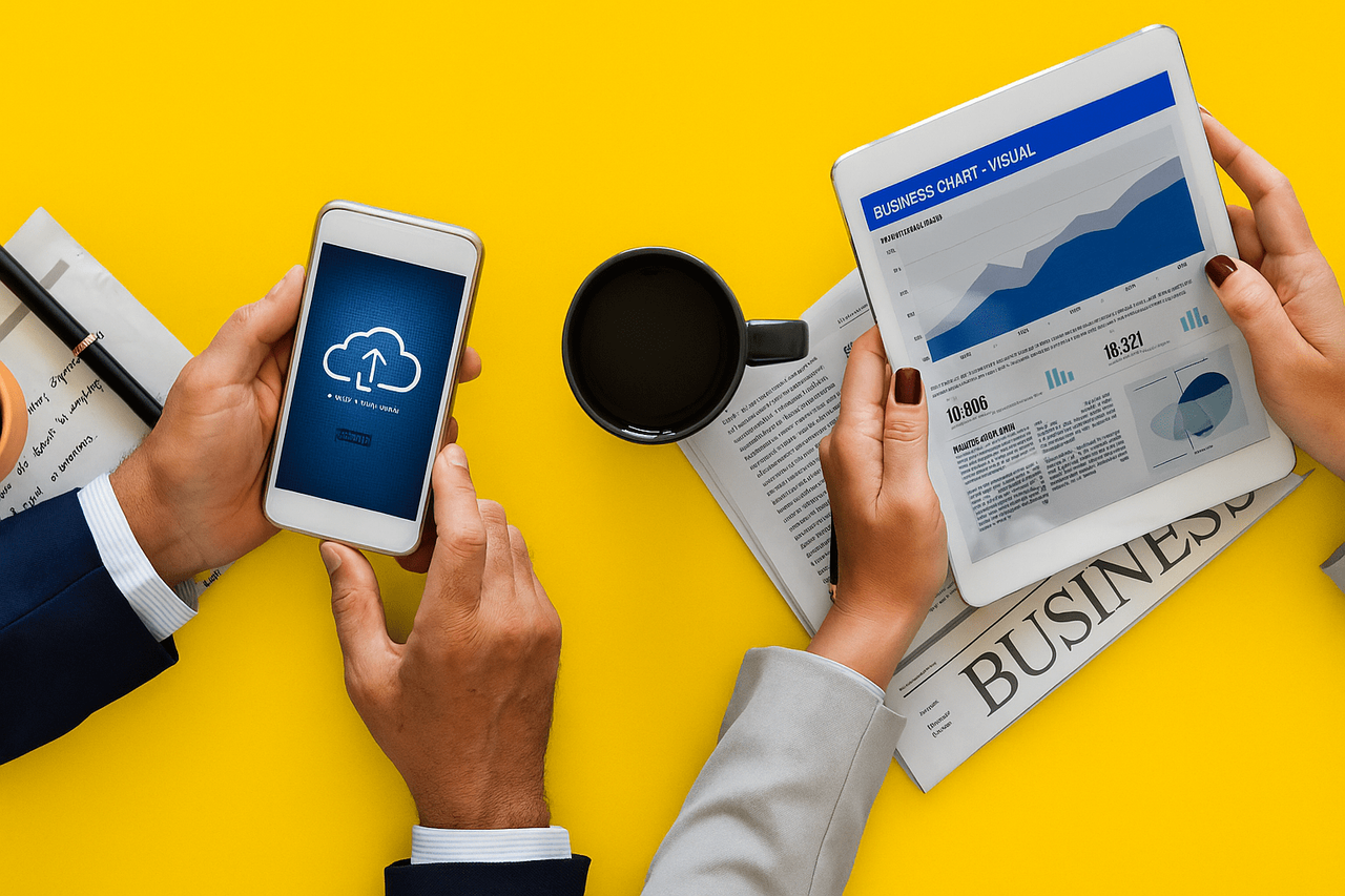 Dwie osoby ze smartfonem i gazetą Business z wykresami na żółtym tle