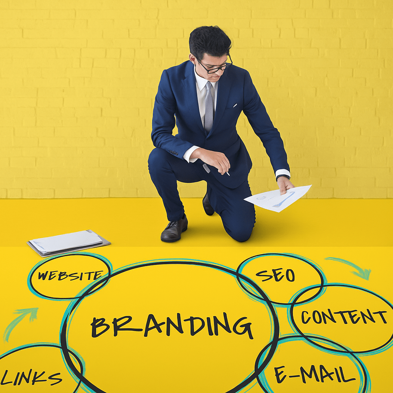 Mężczyzna w garniturze przy mapie myśli Branding – website, SEO, content, links, e-mail