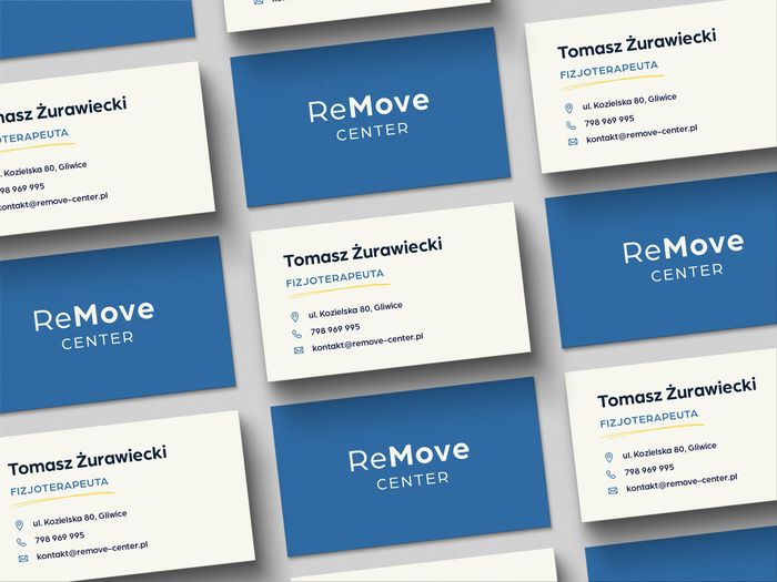 Zestaw wizytówek ReMove Center ułożonych w rytmiczny układ — niebieski z beżowym