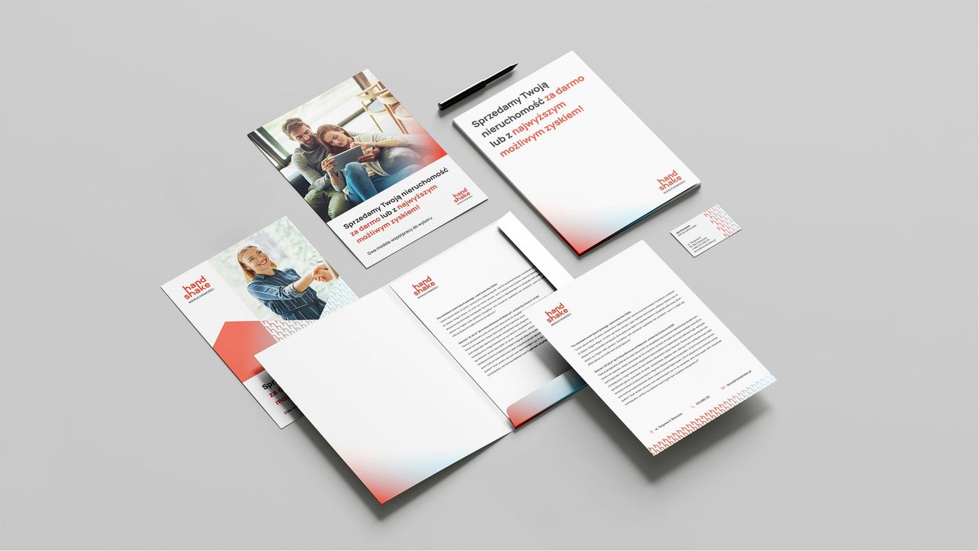 Pełen zestaw identyfikacji Handshake — wizytówki, plakaty, papier firmowy, teczki