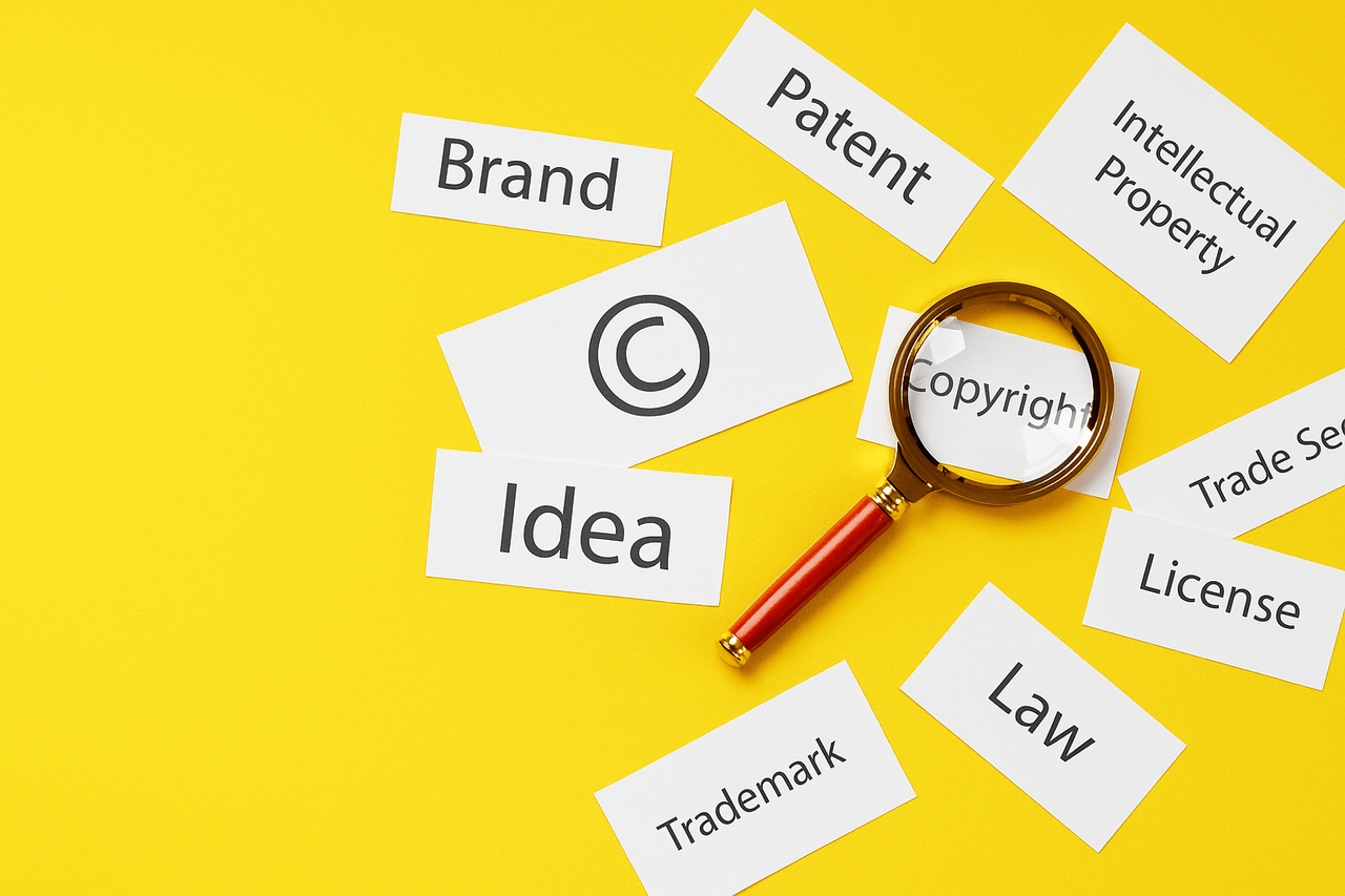 Karteczki Brand, Patent, Copyright, Trademark z lupą na żółtym tle