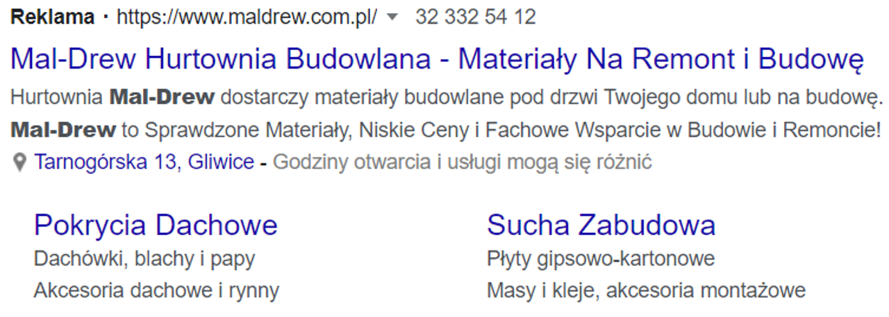 Przykładowa reklama tekstowa Google Ads w sieci wyszukiwania