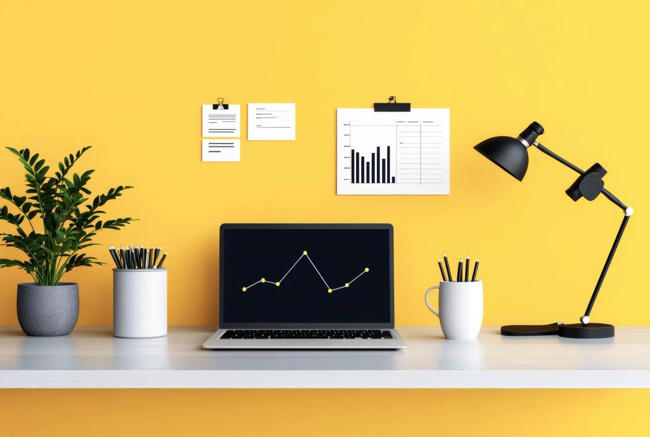 Grafika rysunkowa – laptop, dokumenty, lupa i kartka ROI? ROAS?