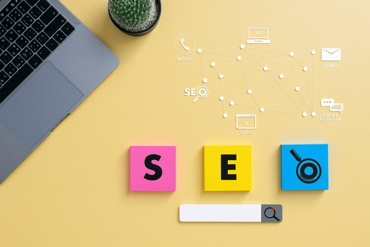 Kolorowe karteczki SEO obok laptopa z paskiem wyszukiwania na żółtym tle