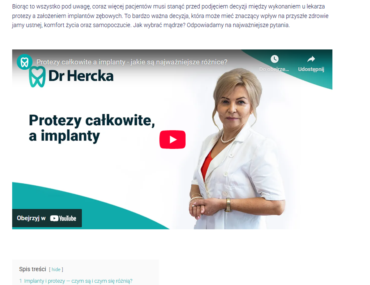 Strona Dr Hercka – film YouTube: Protezy całkowite a implanty