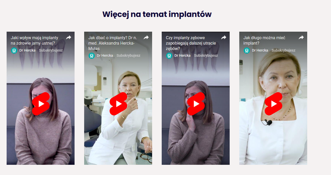 Sekcja strony Dr Hercka – 4 filmy YouTube o implantach