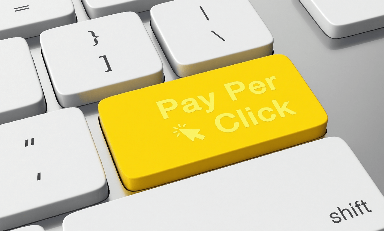 Żółty klawisz Pay Per Click na białej klawiaturze