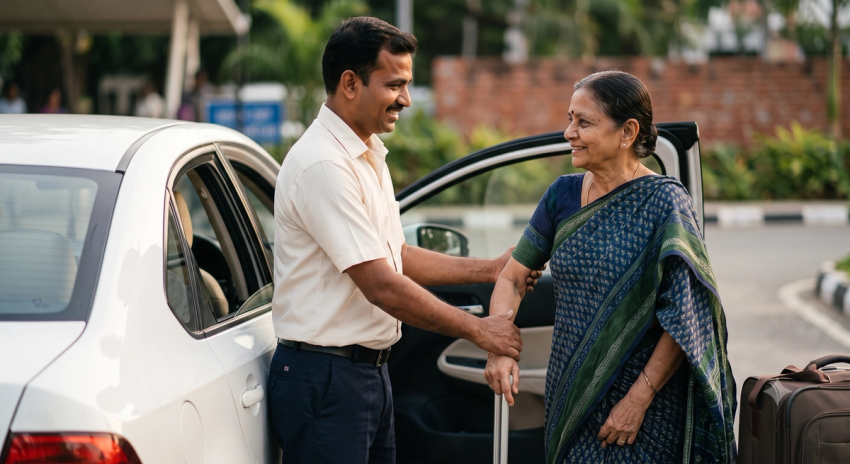 Professional chauffeur assisting passenger with luggage for a Nagpur car rental trip